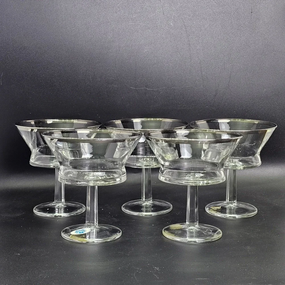 Contessa Italy MCM Platinum Trim Champagne Coupe Sherbet Glass Set of 5 Hex Stem
